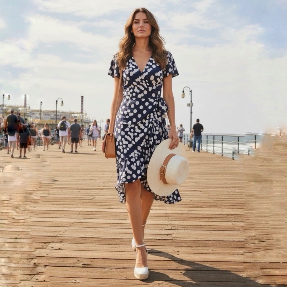 Cabi 5955 Navy Blue White Polka Dot The Perfect Wrap Midi Dress Size M